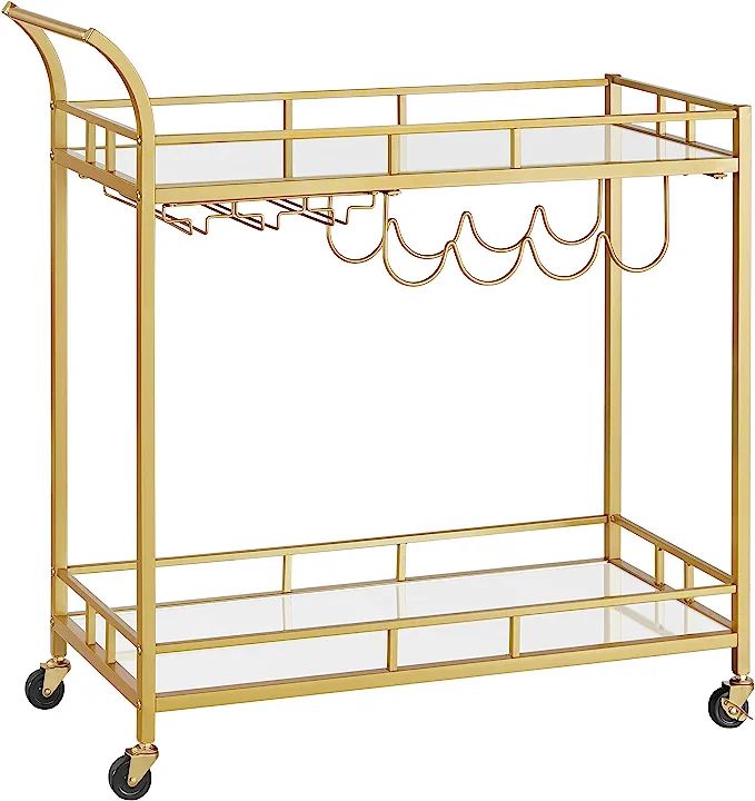 Amazon.com: VASAGLE Bar Cart Gold, Home Bar Serving Cart, Wine Cart with 2 Mirrored Shelves, Wine... | Amazon (US)