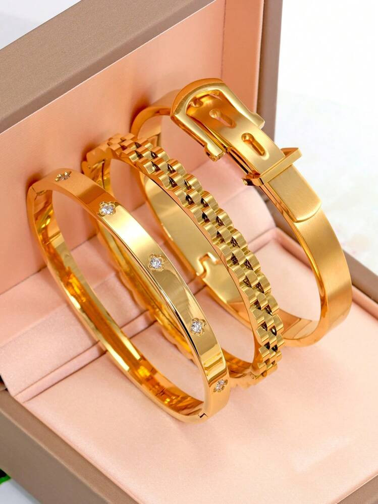 3pcs Fashionable Waterproof Stainless Steel Bracelets Suitable For Women, Daily Wear, Buckle And Chain Design, Personalized Classic European And American Style Wrist Jewelry, Casual, Wedding, Party, Valentine's Day Gift,Mom,Mother,Mother's Day,Gift | SHEIN