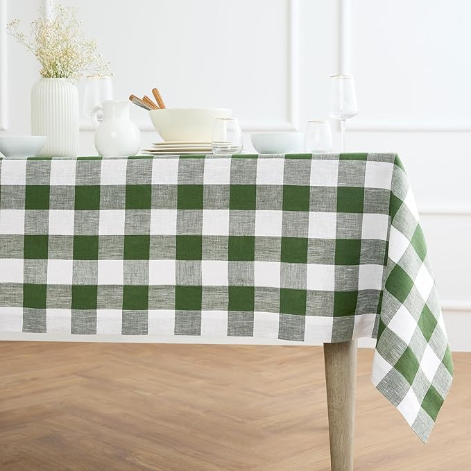 Solino Home Linen Checkered Tablecloth 60 x 108 Inch - 100% Pure Linen Olive and White Buffalo Ch... | Amazon (US)