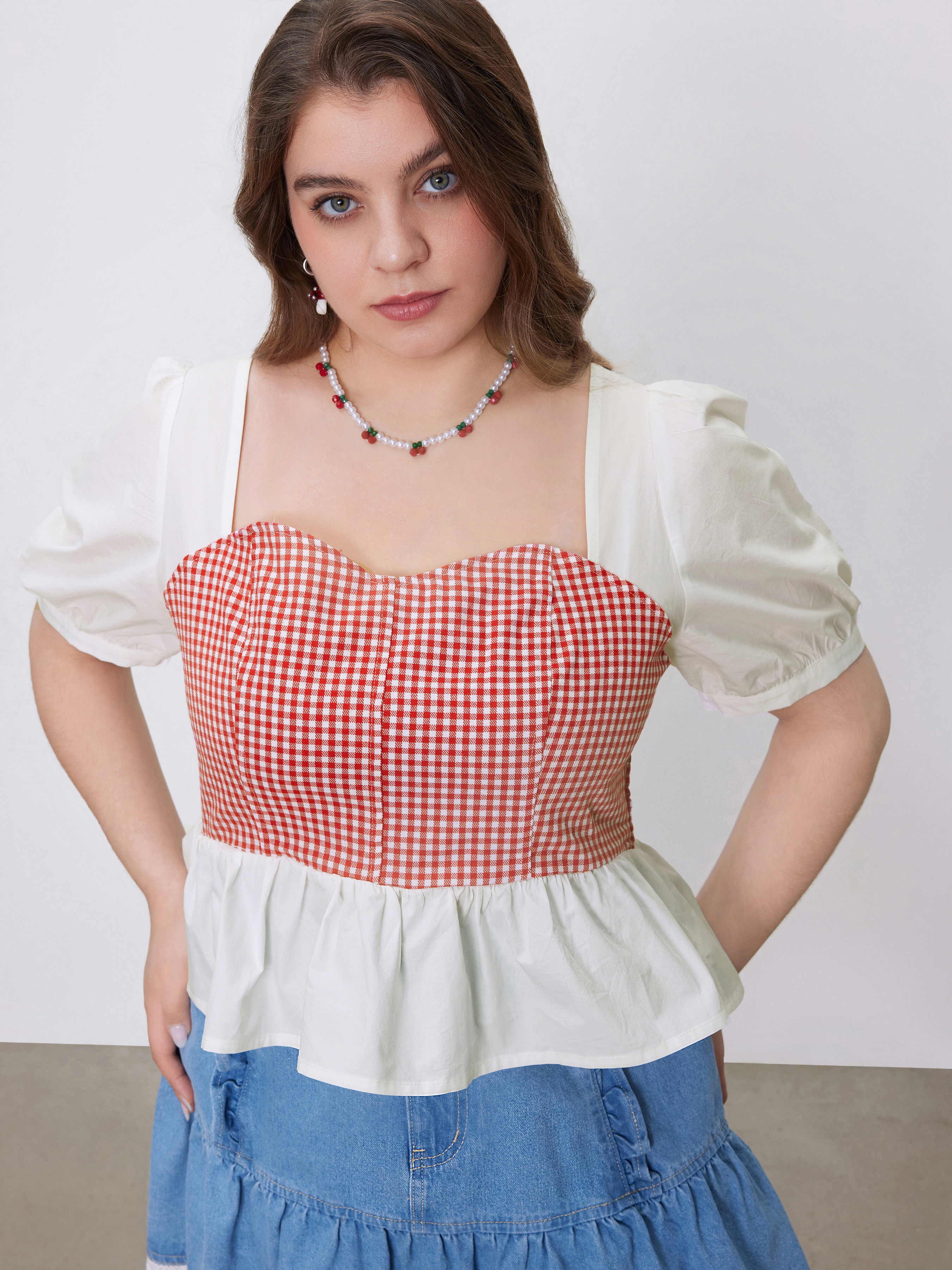 Square Neck Check Ruffle Hem Short Sleeve Blouse Curve & Plus For School Date | Cider