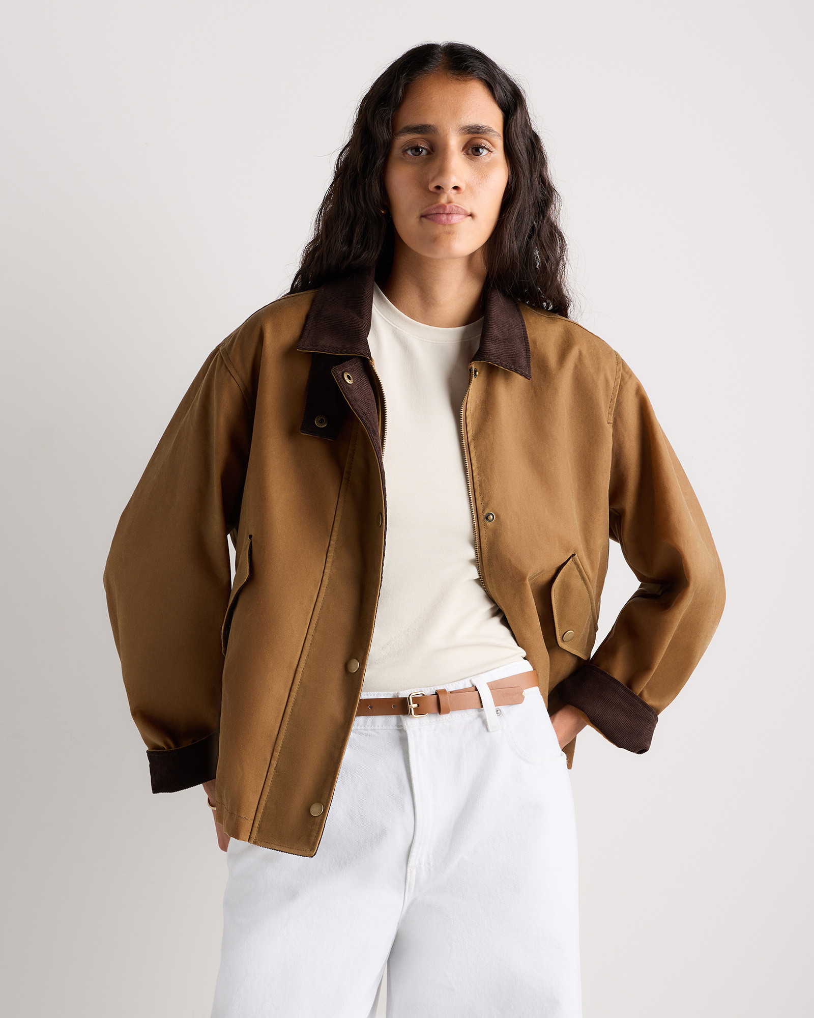 Quince | Women's Organic Waxed Cotton Cropped Barn Jacket in Desert Brown, Size Large, Organic Cotton | Quince