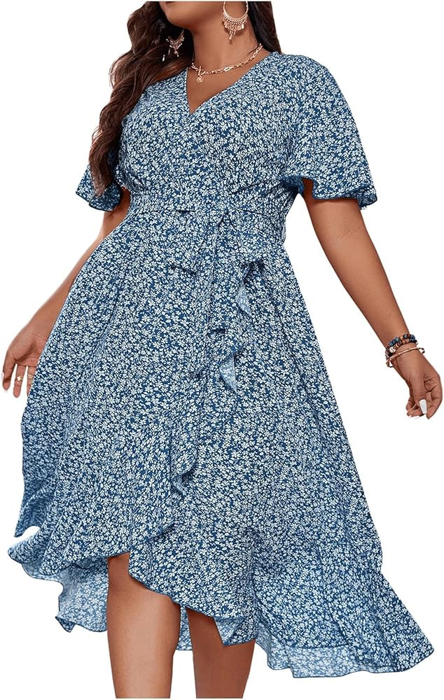 Floerns Women's Plus Size Boho Flutter Short Sleeve Ruffle Hem A Line Midi Dress | Amazon (US)