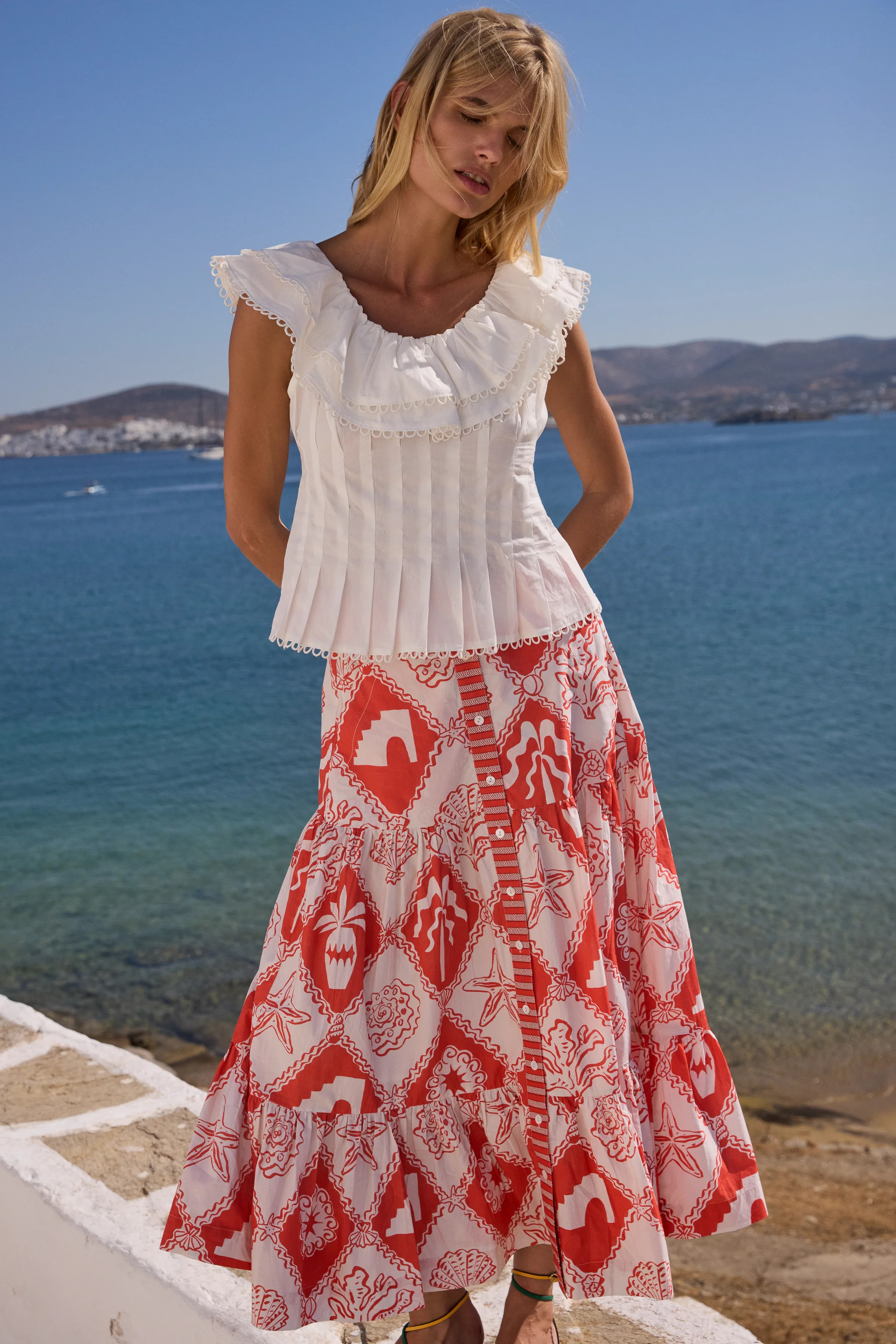Button Front Skirt- Asterias Red | Oliphant Design