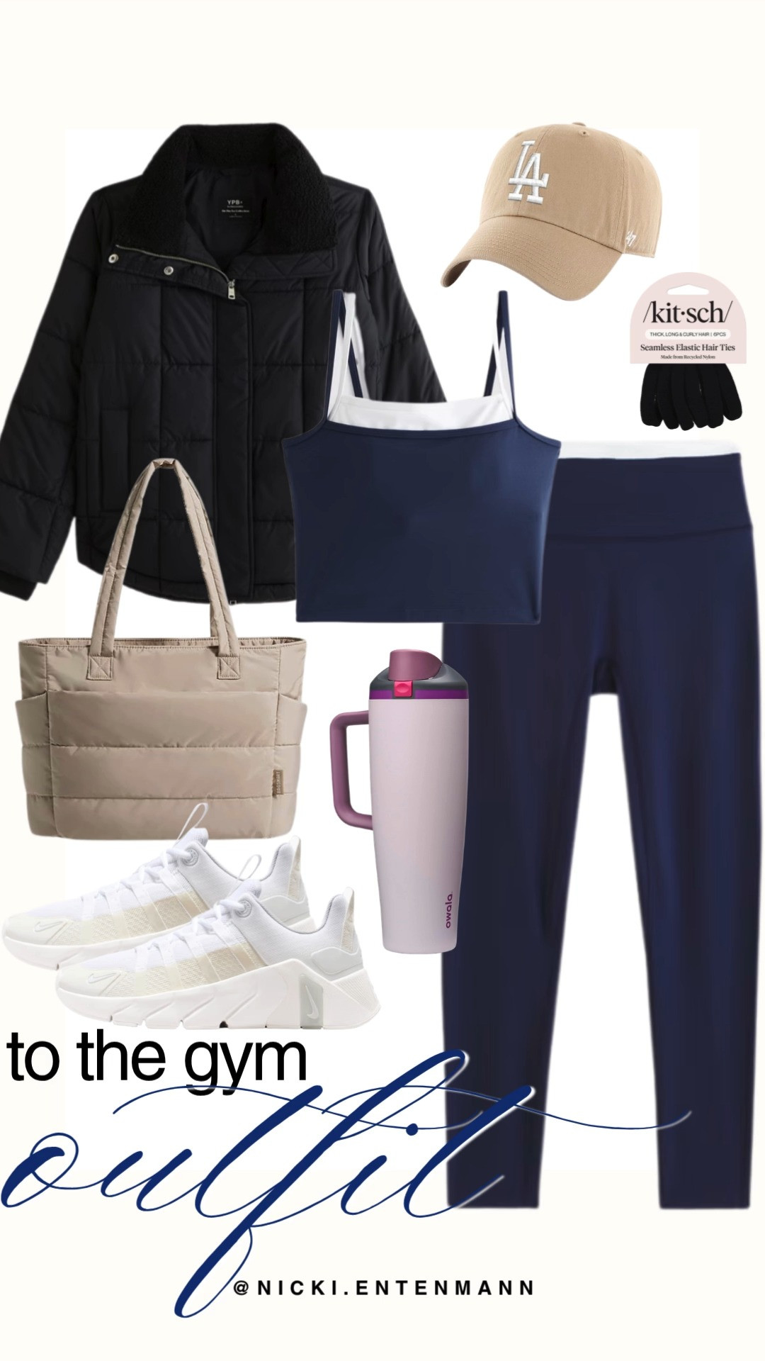 This sporty "to the gym" outfit features a navy active tank with white layered straps and matching high-waisted navy leggings, layered under a black quilted puffer jacket. Accessories include a neutral beige LA baseball cap, a quilted beige tote bag, white athletic sneakers, an Owala water bottle, and Kitsch hair ties. It is a functional and chic ensemble for heading to your workout or running post-gym errands.

#gymoutfit #athleisure #workoutstyle #fallfashion #preppycasual #activewear #everydaystyle 

 #LTKootd #LTKfitnessgoals #LTKActive