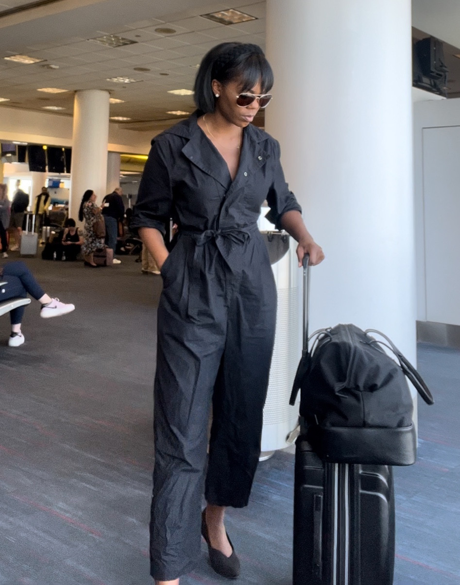 This is the best travel jumpsuit. I got compliments all through the airport on how cute this versatile utility jumpsuit from Banana Republic is. I sized up to a S for a little extra room, but TTS for a fitted look. This jumpsuit will be a go-to fall fashion for me. For travel I’m wearing a pair of black flats that are a TTS Rothy’s dupe  

#LTKSeasonal #LTKstyletip #LTKtravel