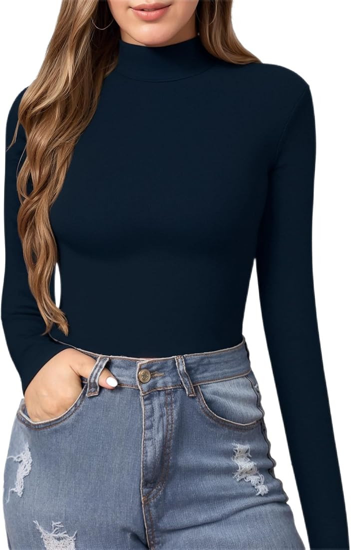 MANGOPOP Women's Mock Turtle Neck Slim Fit Long Half Short Sleeve T Shirt Tight Tops Tee | Amazon (US)