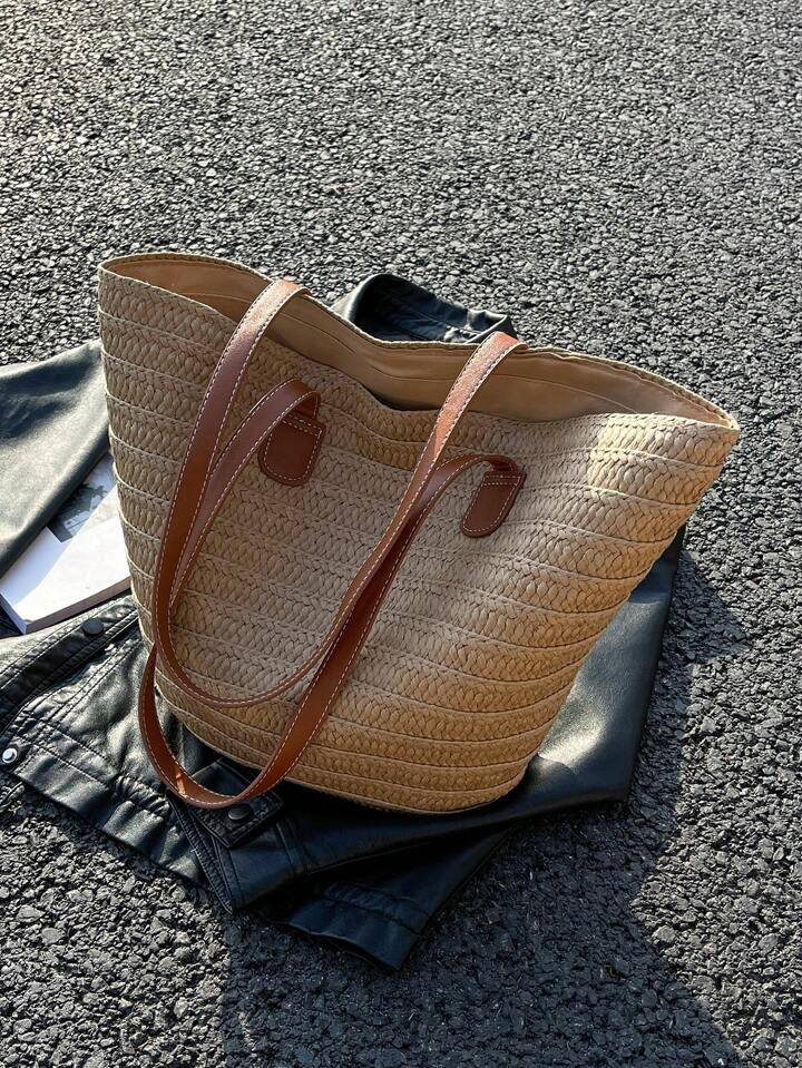 1pc Large Capacity Khaki Woven Zipper Backpack With Double Shoulder Straps, Great Tote Bag For Tr... | SHEIN