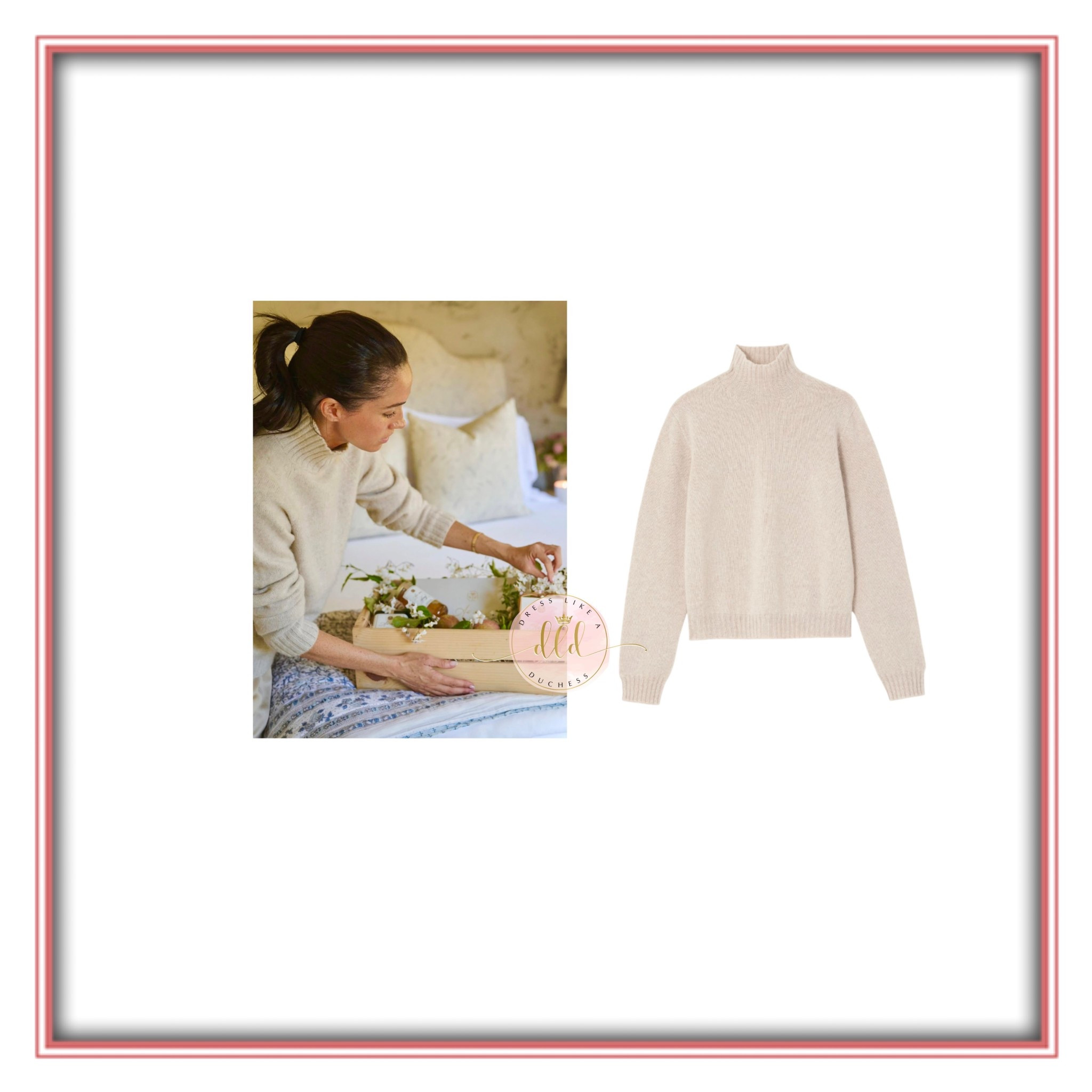 12/22/25 Meghan Markle on Instagram for the As Ever holiday collection wearing The Row Kensington sweater in taupe 