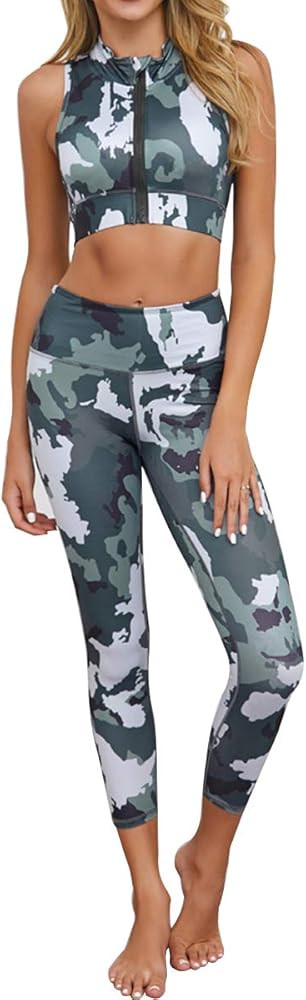 Jetjoy Workout Suit Set，Yoga Crop Tank Top Strappy Bra and High Waist Leggings 2 Piece Sports O... | Amazon (US)