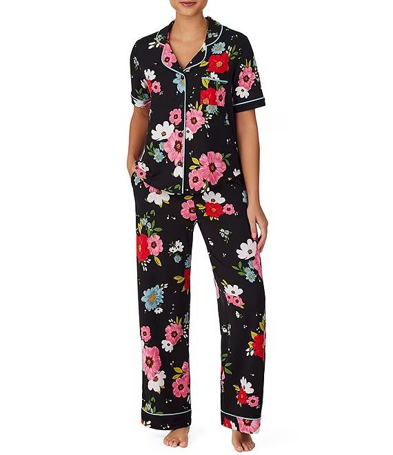 Black Ground Floral Print Short Sleeve Notch Collar Knit Pajama Set | Dillard's