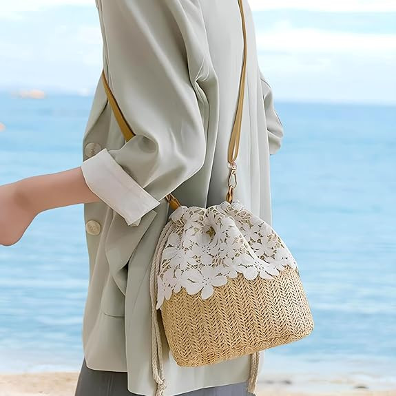 Bamboo Handbag, Beach Purse Bag Half Moon Bag, Straw Lace Woven Travel Sling Bag Shoulder Crossbo... | Amazon (US)