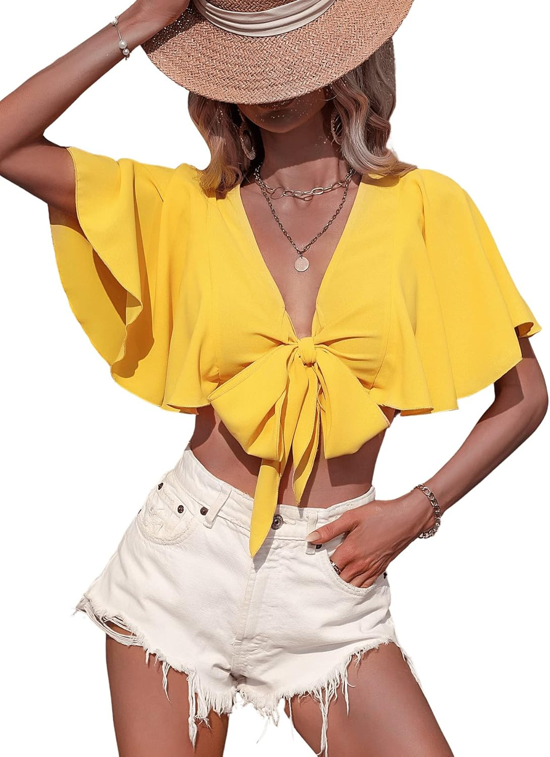 SweatyRocks Women's Casual Knot Front Deep V Neck Butterfly Short Sleeve Crop Blouse Tops | Amazon (US)