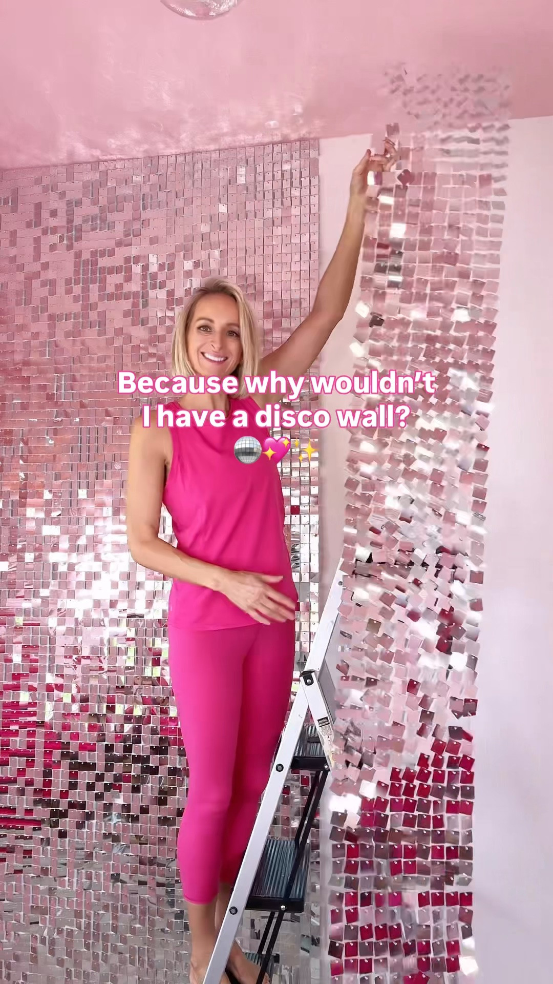 The disco wall is officially up! 🪩✨ So easy to hang! Here’s everything I used to create this sparkly statement wall, plus my bubble chandelier, office furniture and my pink athletic outfit too! I have the silver color! (It’s just reflecting from the rest of my pink room)

#LTKHome #LTKdayinmylife