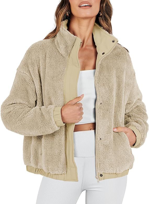 ANRABESS Women Sherpa Fleece Jackets Casual Long Sleeve Buttons Cropped Coat Winter Outwear with ... | Amazon (US)