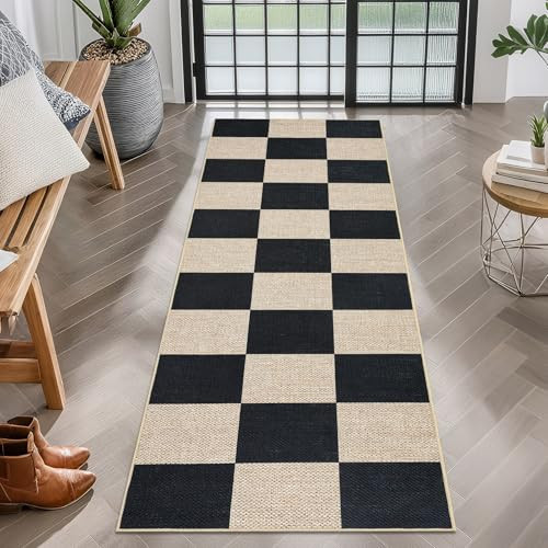 GarveeHome Easy Jute Rugs 2x8 Checkered Kitchen Runner Rugs Non Skid Washable Stain Resistant Indoor Outdoor Rugs for Living Room, Bedroom, Dining, Patio - Farmhouse Style Black | Amazon (US)