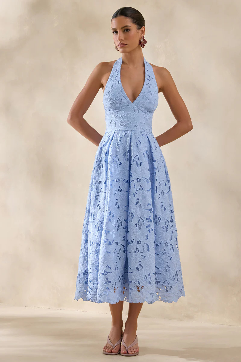 Maribel  Powder Blue Lace Plunge-Neck Midi Dress | Club L London