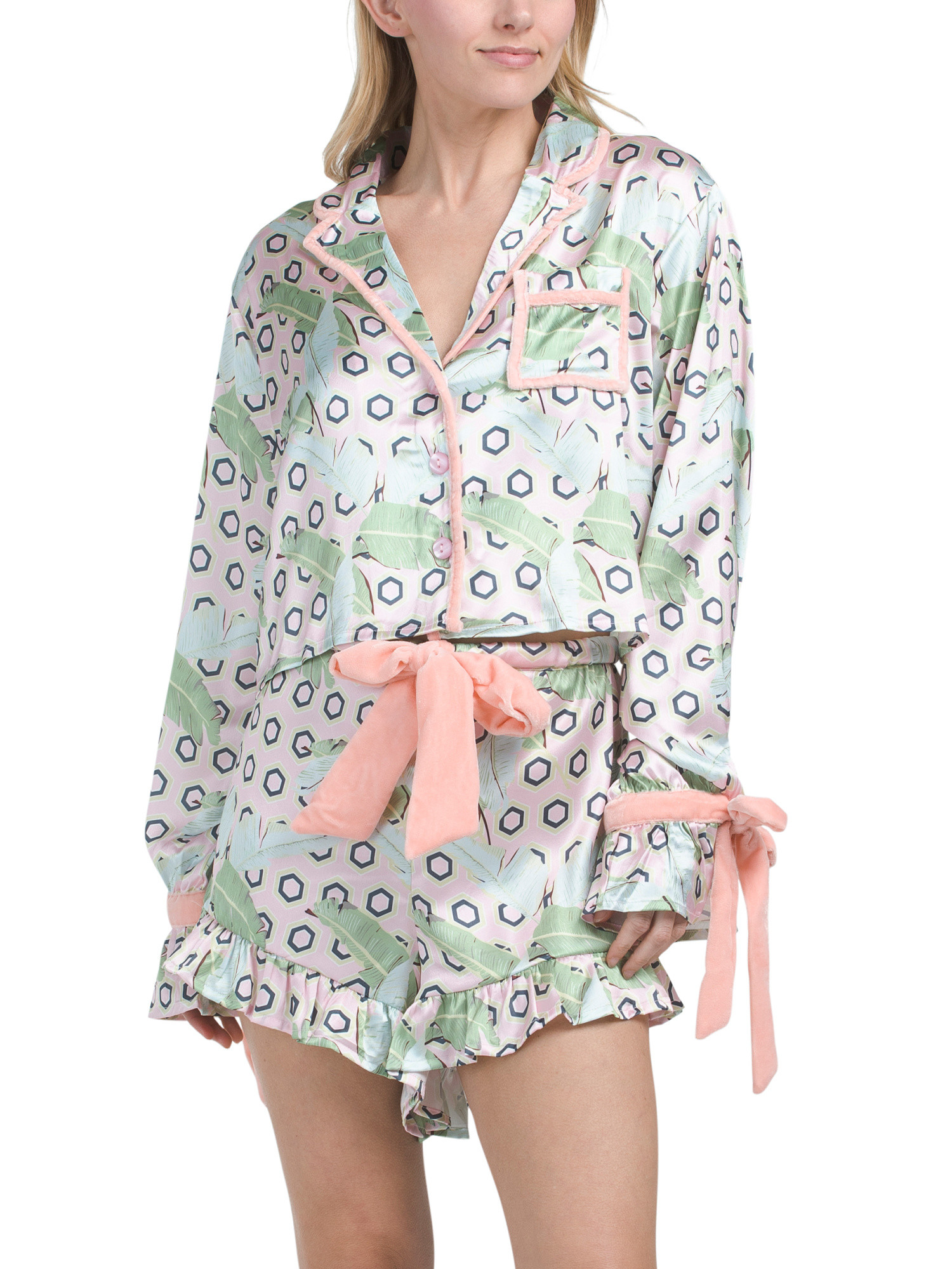 Geo Palm Satin Shorts Pajama Set With Velvet Trim | TJ Maxx