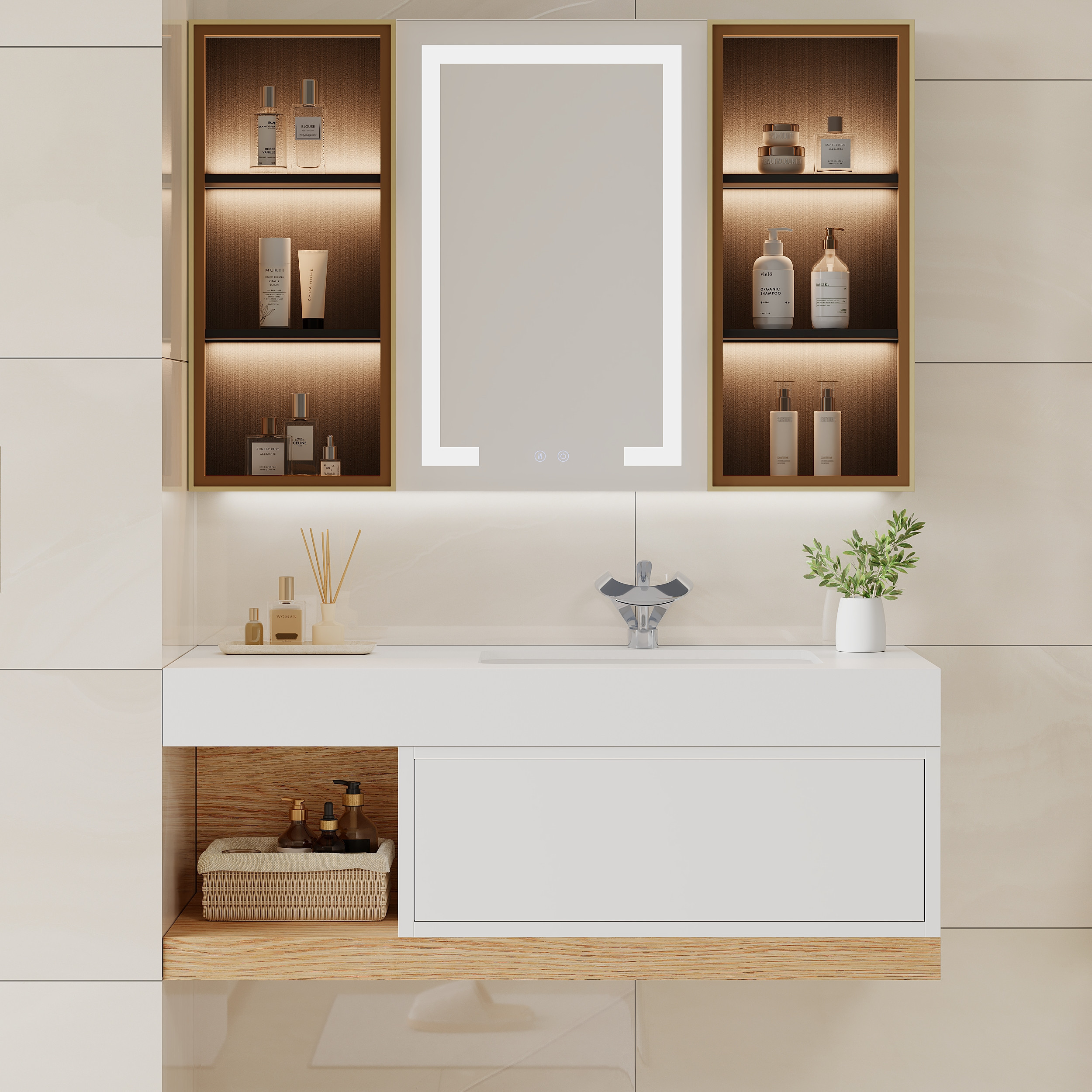 39.4"" Floating Bathroom Vanity Set Wall-Mounted with Single Sink in White & Natural Modern | Homary