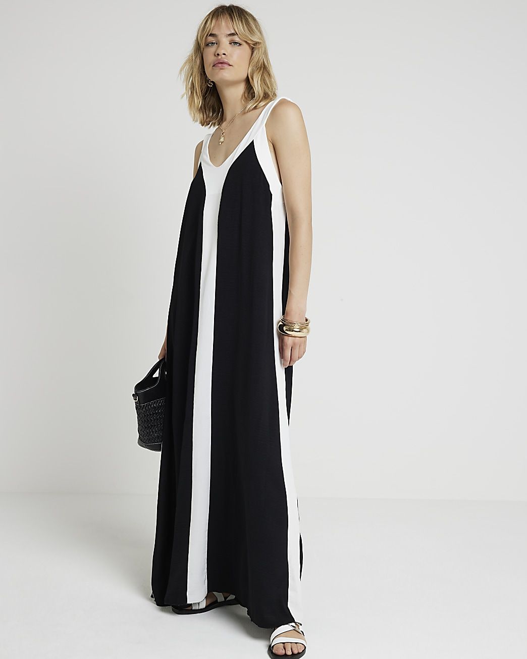 Black colour block swing maxi dress | River Island (UK & IE)