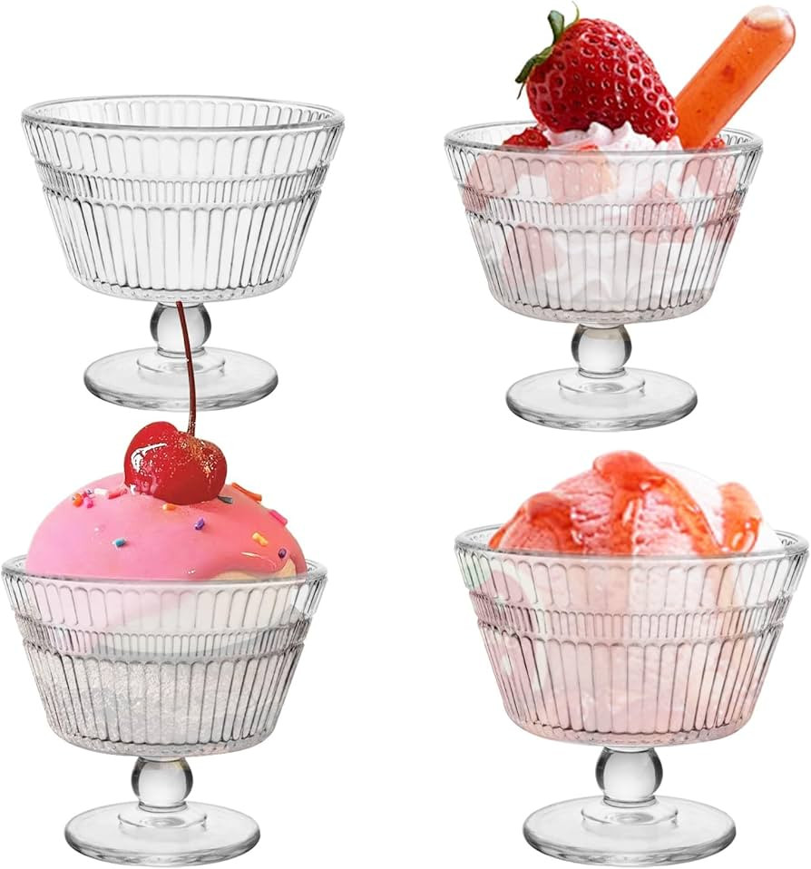 Vintage Glass Dessert Bowls, Dessert cups Set of 4, 9 oz Sundae Cups for Ice Cream, Fruit, Puddin... | Amazon (US)