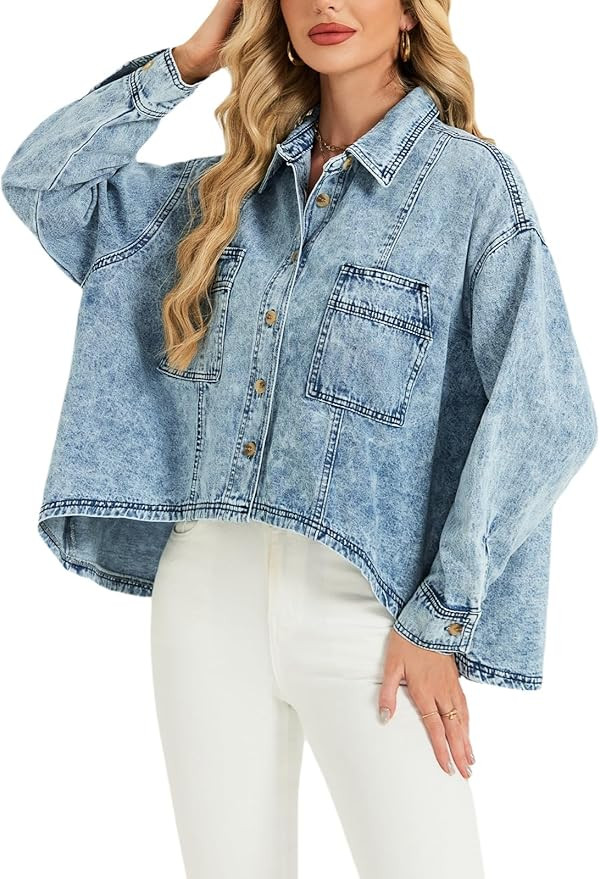 LifeShe Oversized Jean Jacket Women Lightweight Batwing Sleeve Denim Shacket Fall Shirt Trendy 20... | Amazon (US)