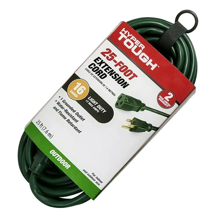 Hyper Tough 25 ft 16AWG 3-Prong Green Single Outlet Outdoor Extension Cord, 13 Amps | Walmart (US)