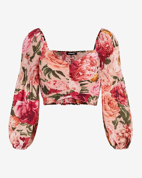 Floral Print Faux Wrap Puff Sleeve Cropped Top | Express