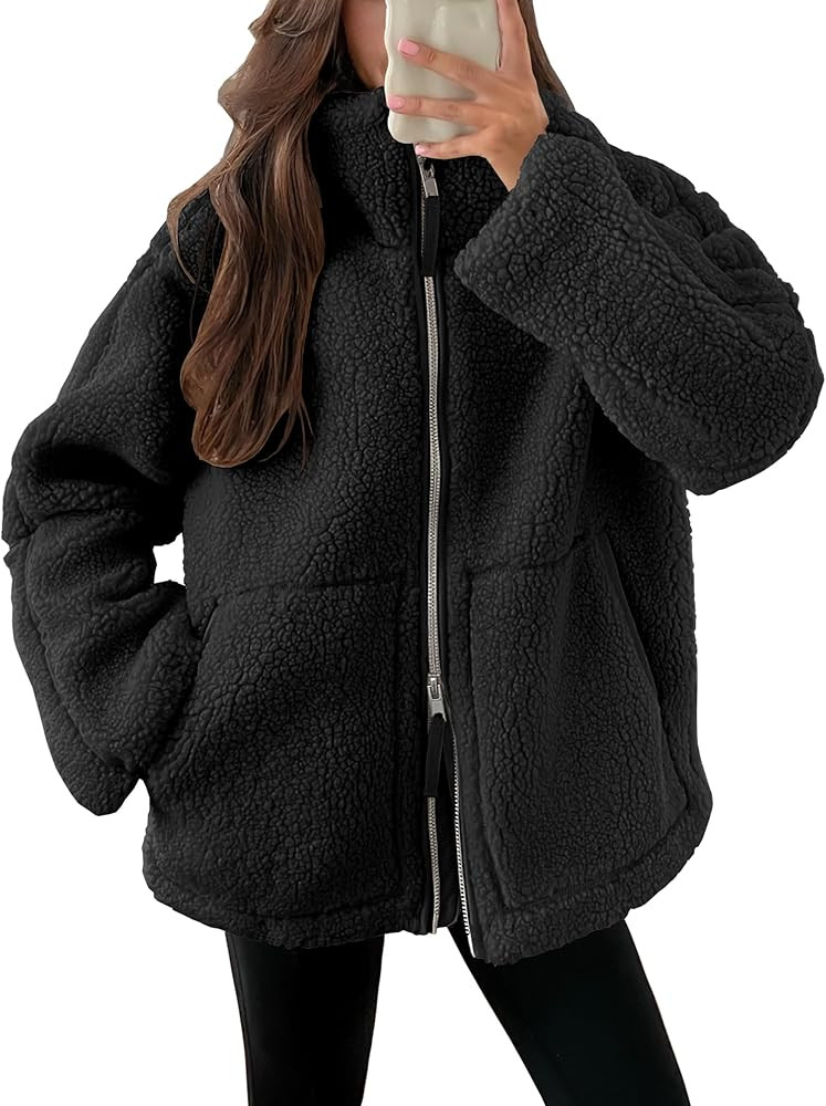 ANRABESS Women Fuzzy Fleece Jacket Casual Long Sleeve Oversized Sherpa Warm Coats Double Zip Wint... | Amazon (US)