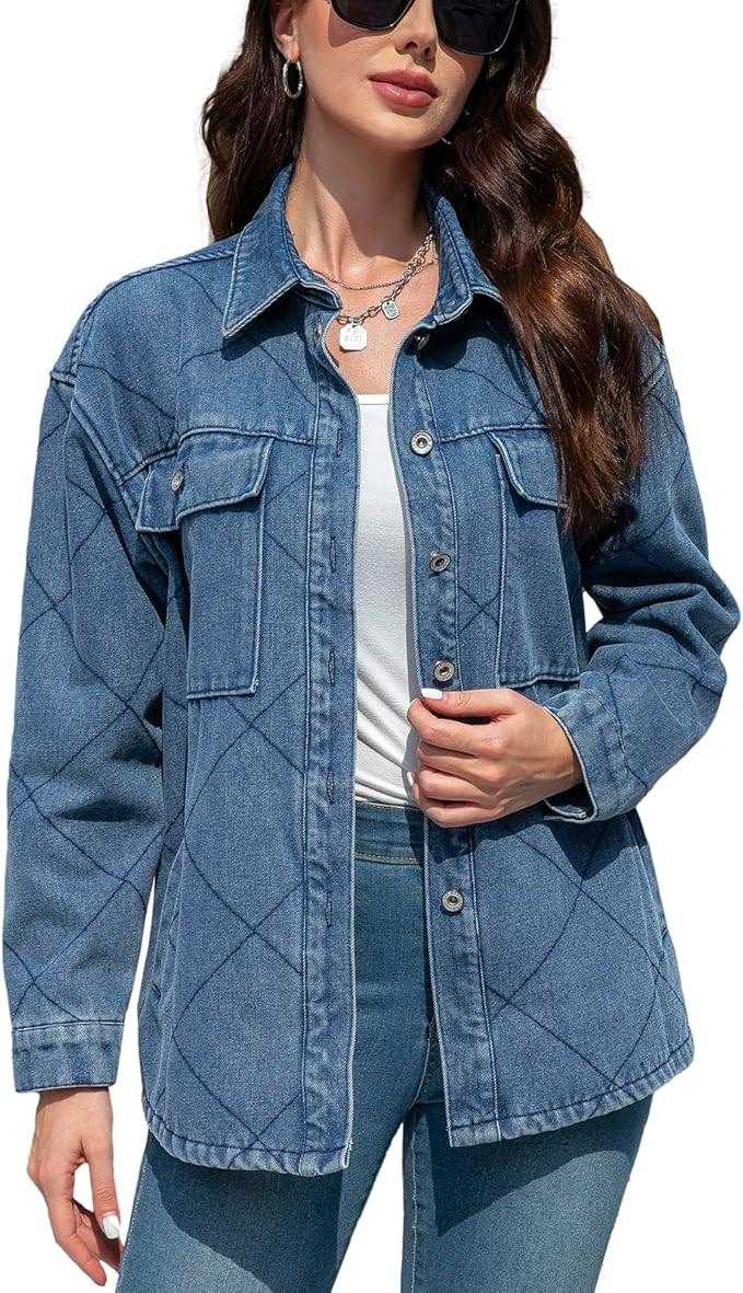Women's Fleece Lined Denim Jacket Jean Oversized Distressed Long Sleeve Fashion Button Down Shack... | Amazon (US)