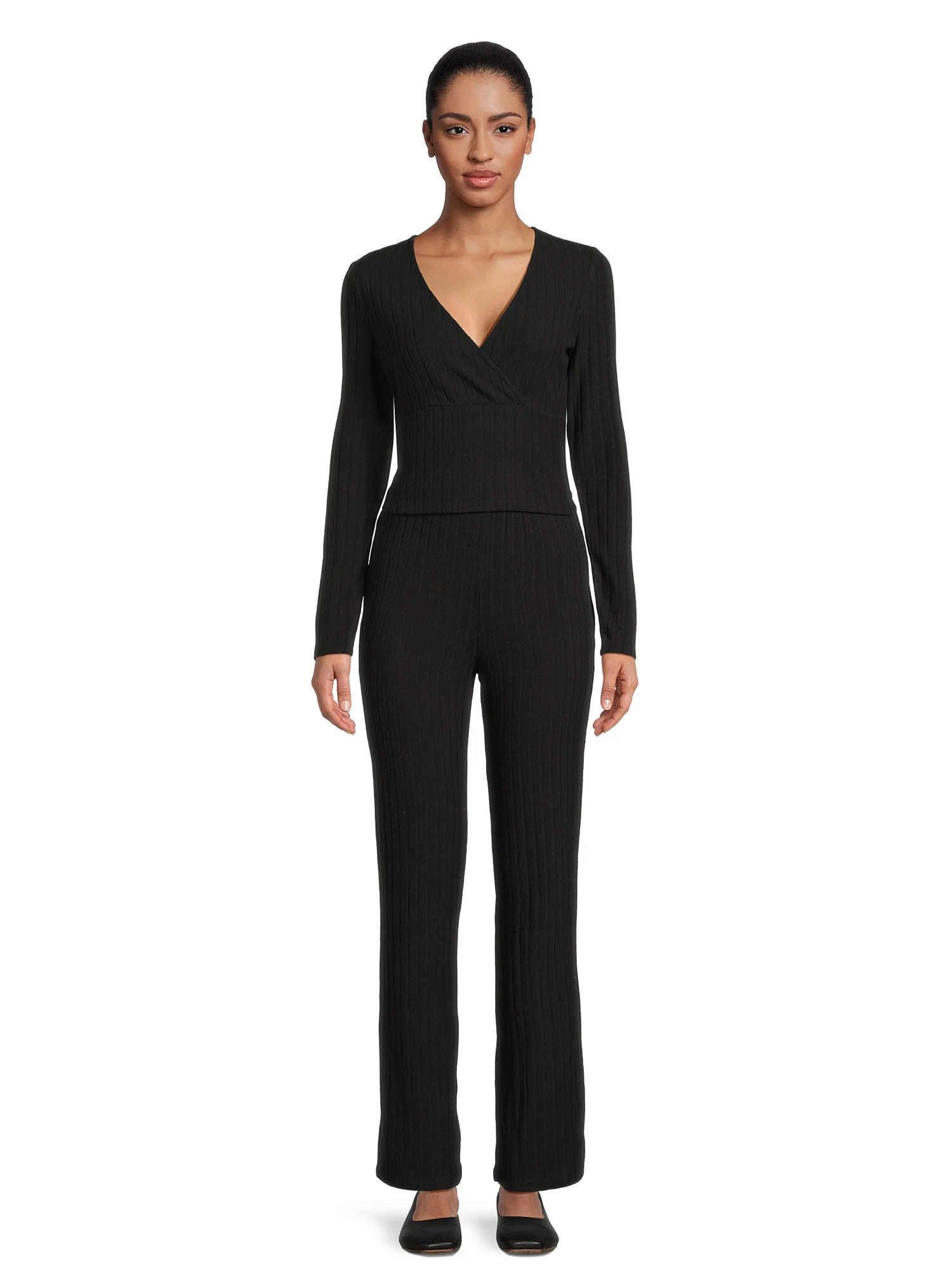 No Boundaries Juniors Surplice Top and Flare Pants Set, 2-Piece, Sizes XS-3XL | Walmart (US)