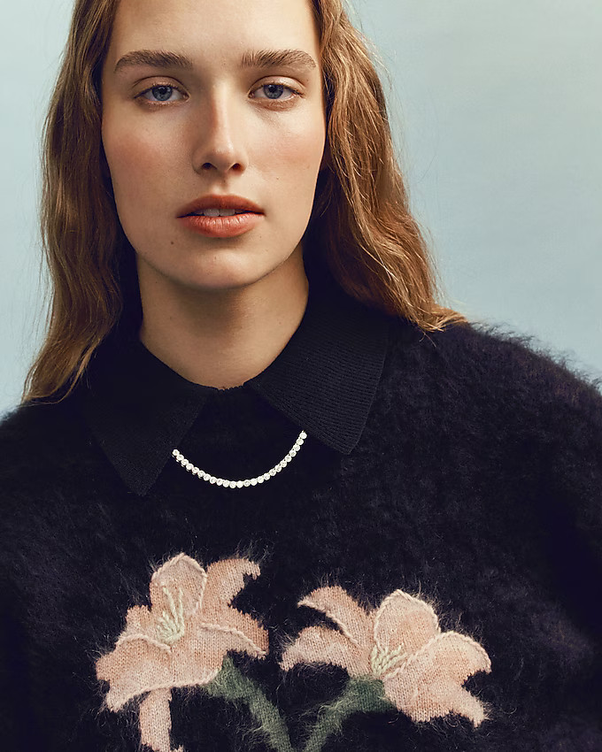 Brushed cashmere relaxed crewneck sweater with floral intarsia | J. Crew US