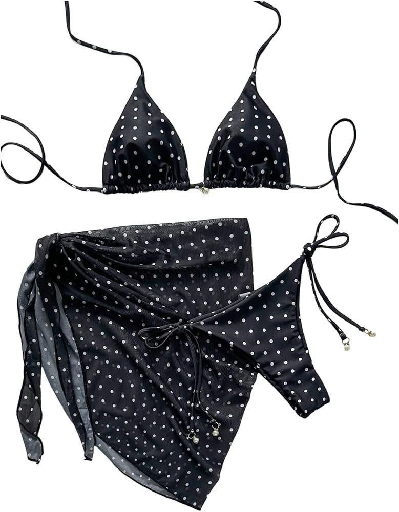 WDIRARA Women's 3 Piece Bikini Set Polka Dots Triangle Halter Swimsuit with Cover Up Skirt | Amazon (US)