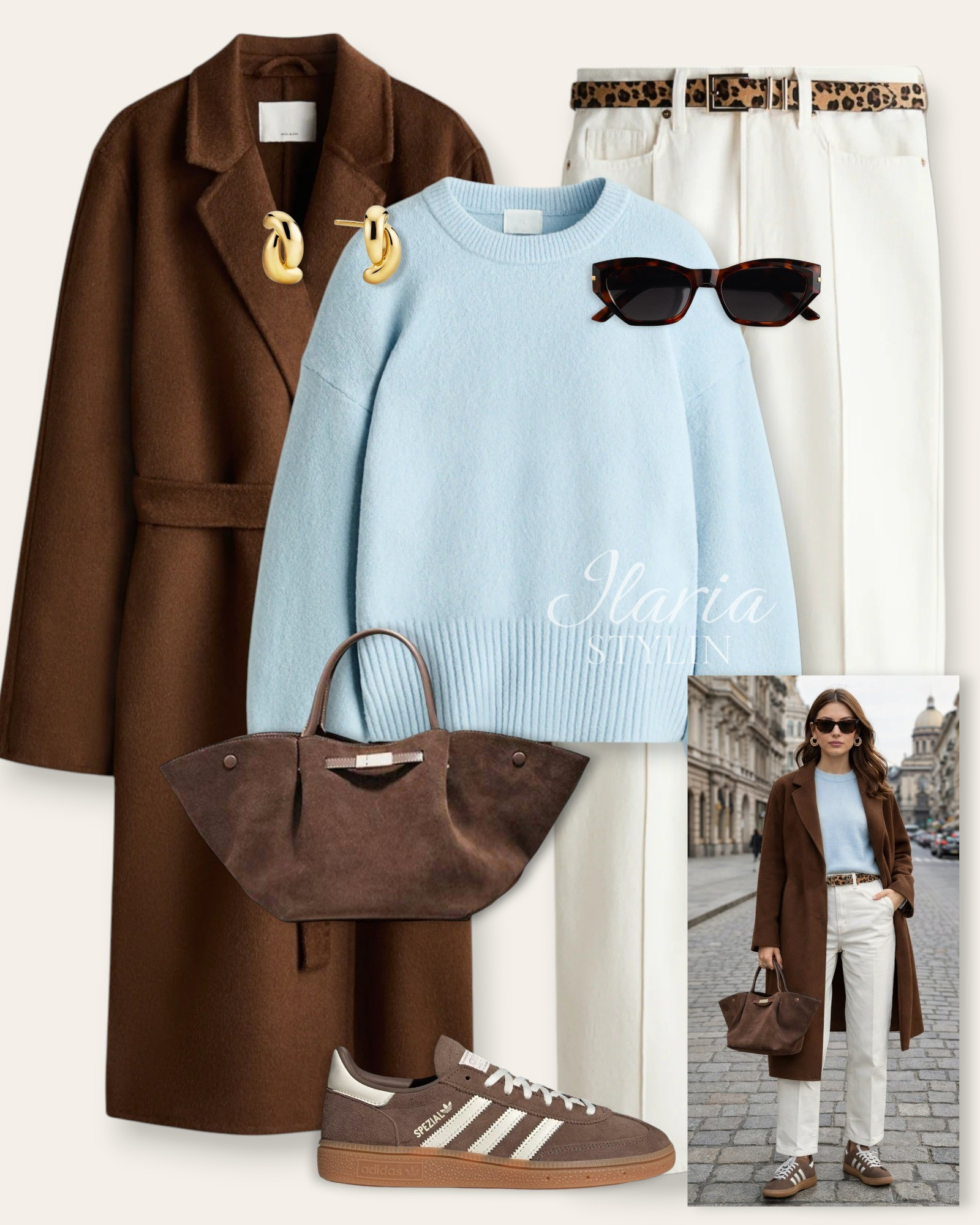 Warm and cool tones in perfect balance—a chocolate brown coat, light blue knit, tailored white trousers, and vintage-inspired sneakers, styled with gold hoops, a suede handbag, and sleek sunnies 🤎💙 

outfit ideas, brown coat, light blue sweater, oversized sweater, white jeans, wide leg jeans, adidas spezial, brown sneakers, brown bag, brown tote, suede bag, casual outfit, casual chic outfit

#LTKootd #LTKSeasonal #LTKU