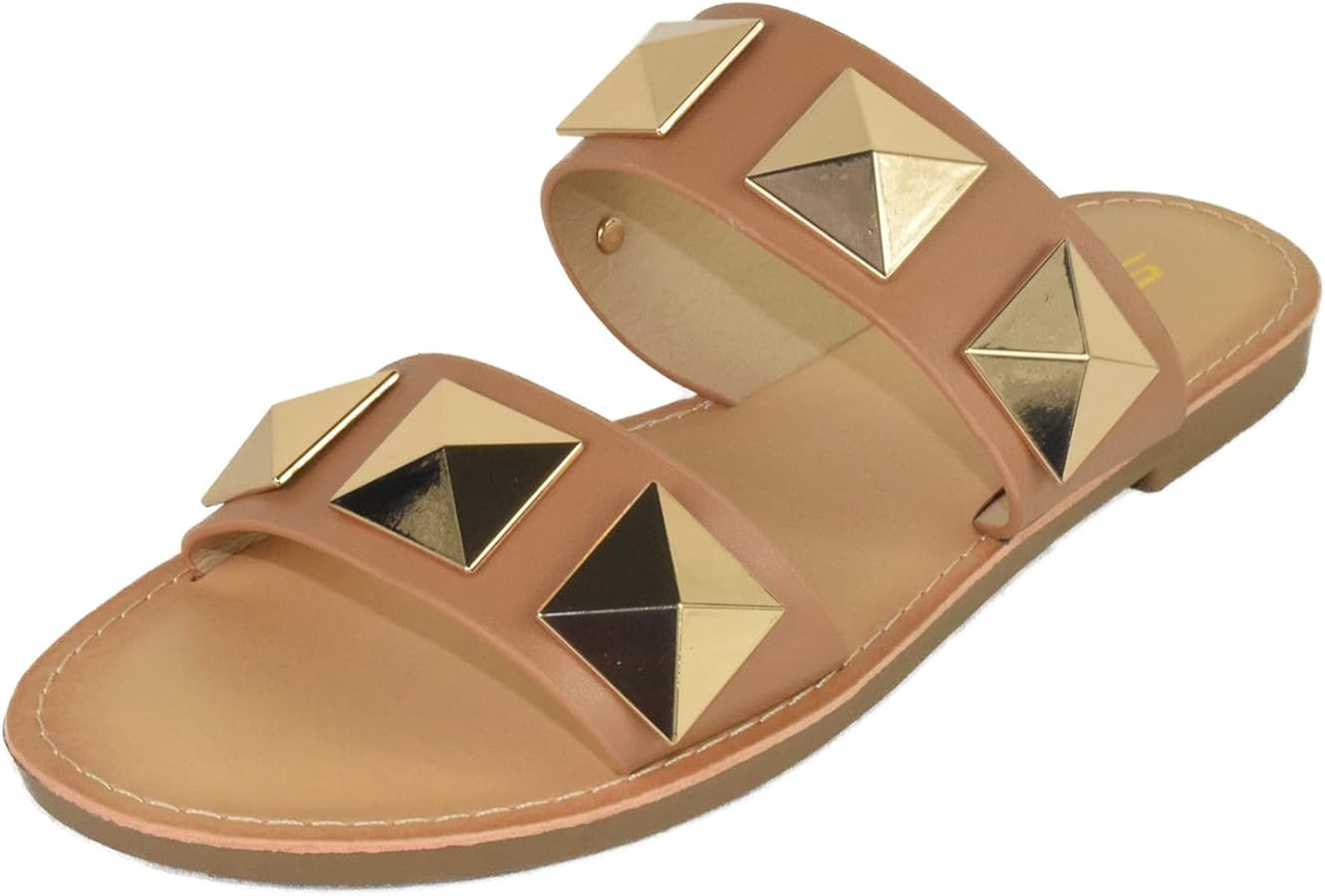 Soda Shoes Women's Sandals Double Strap Flip Flops Slides Large Gold Studded CETUS-S | Amazon (US)