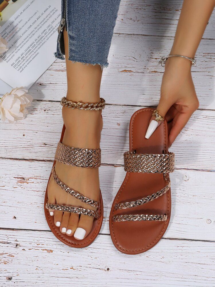 Metallic Braided Detail Slide Sandals | SHEIN
