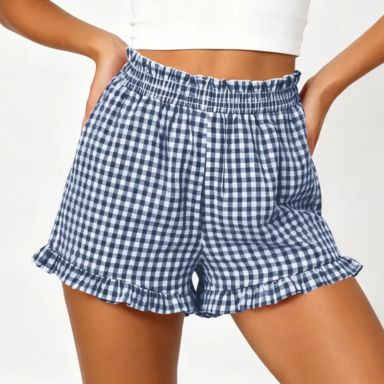 KIHOUT Gingham Ruffle Elastic Waist Shorts for Women, Casual Summer Cotton Blend Shorts with Ruff... | Walmart (US)