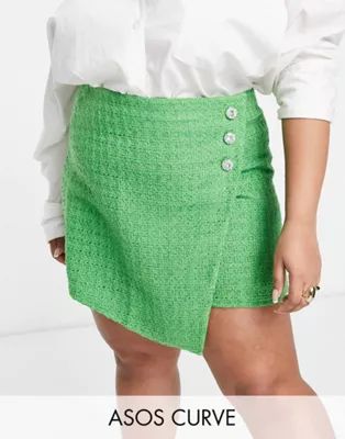 ASOS DESIGN Curve boucle mini skirt with diamante buttons in green | ASOS (Global)