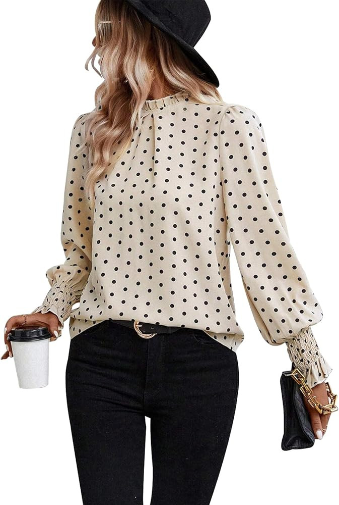 Women's Polka Dots Blouse Puff Ruffle Long Sleeve Shirts Tops 2024 Fall Pleated Front Frill Trim ... | Amazon (US)