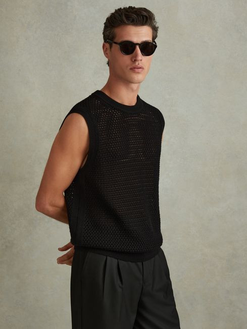 Reiss Black Dandy Cotton Blend Crochet Vest | Reiss UK