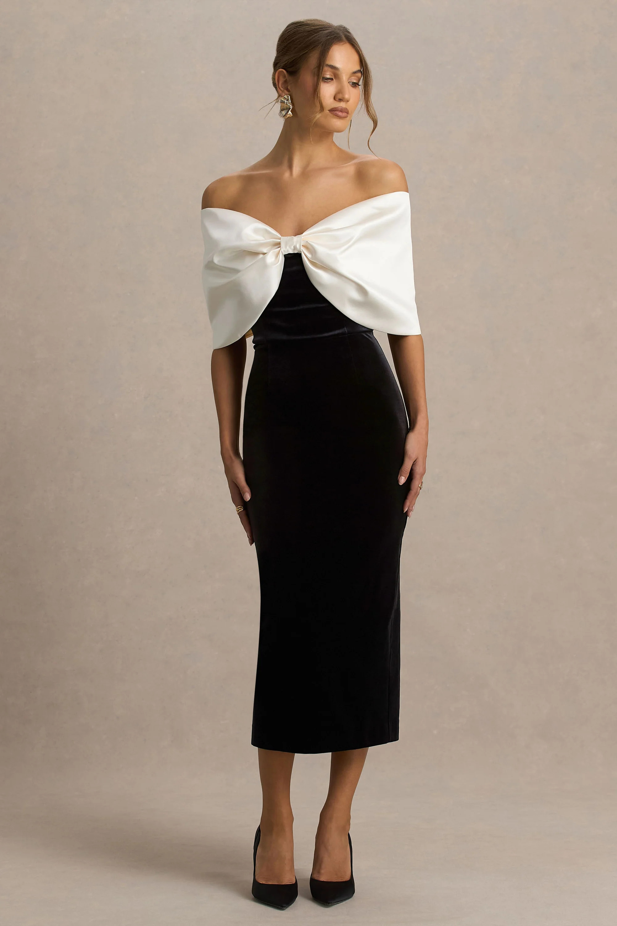 Twilight | Black And White Velvet Bardot-Neck Midi Dress With Oversized Satin Bow | Club L London