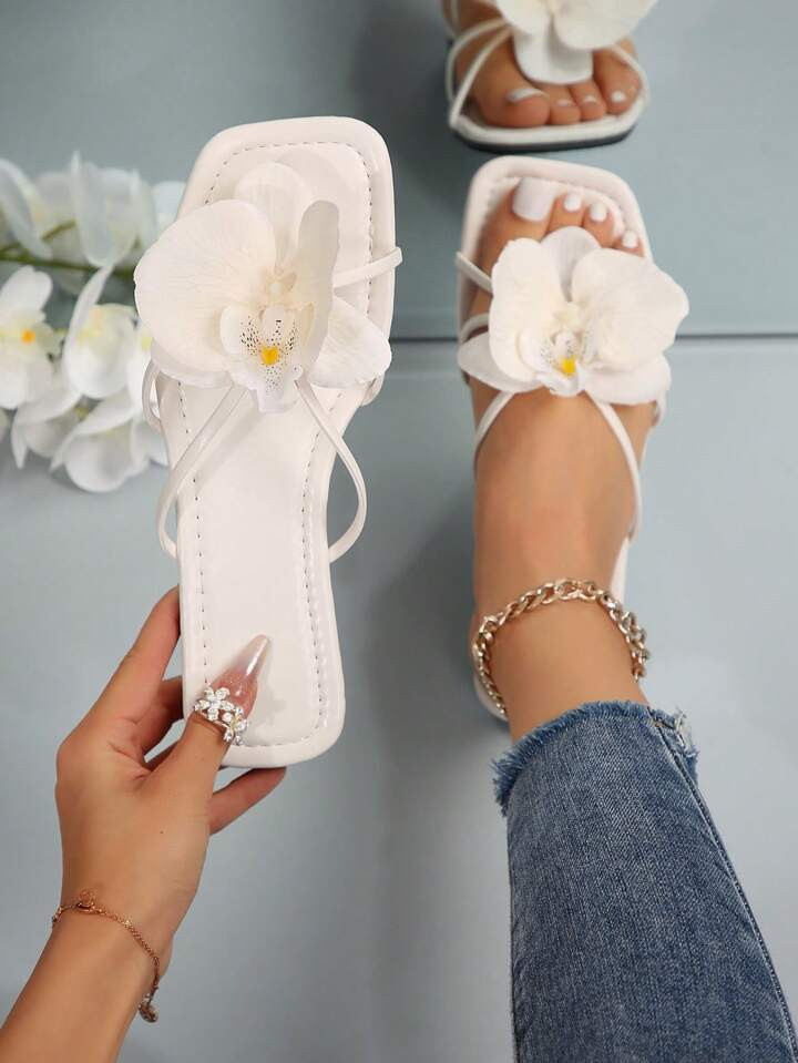 French Floral Flat Slippers, Elegant Lady Flower Sandals, Women's Outdoor Beach Flat Slippers | SHEIN