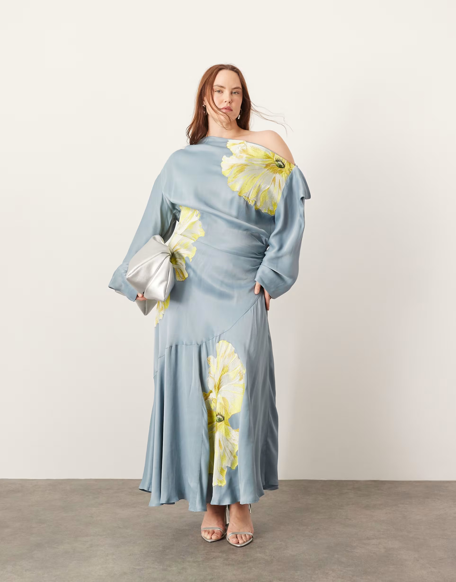 ASOS EDITION Curve satin embroidered drape one shoulder midi dress in blue | ASOS (Global)