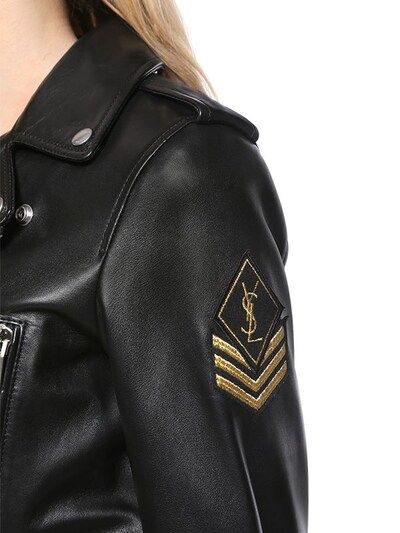 SAINT LAURENT, Nappa leather biker jacket w/ logo patch, Black, Luisaviaroma | Luisaviaroma