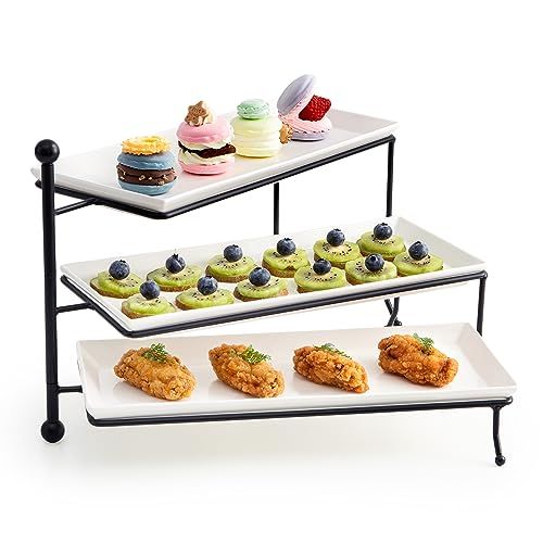 Sweese 3 Tiered Serving Stand, Foldable Rectangular Food Display Stand with White Porcelain Platters - Serving Trays, Dessert Display Server for Brithday Party, Valentine's Day and Events | Amazon (US)