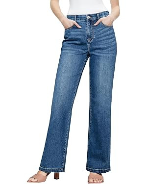 Sidefeel Women's Wide Leg Jeans High Waisted Tummy Control Stretchy Straight Leg Elastic Waist Tr... | Amazon (US)