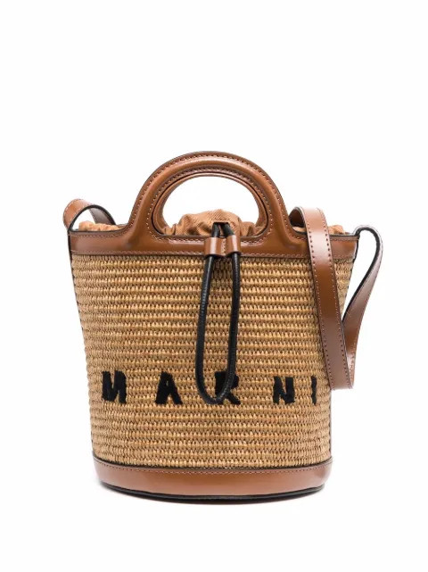 logo-embroidered raffia bucket bag | Farfetch (US)