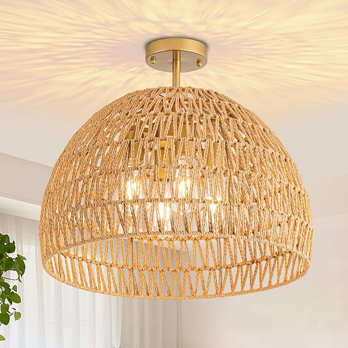 Rattan Ceiling Light Fixture, 4-Light Boho Semi Flush Mount Ceiling Light, 20" Wicker Light Fixtu... | Amazon (US)