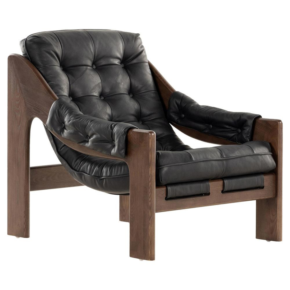 Hadley Rustic Black Upholstered Leather Brown Wood Tufted Occasional Arm Chair | Kathy Kuo Home