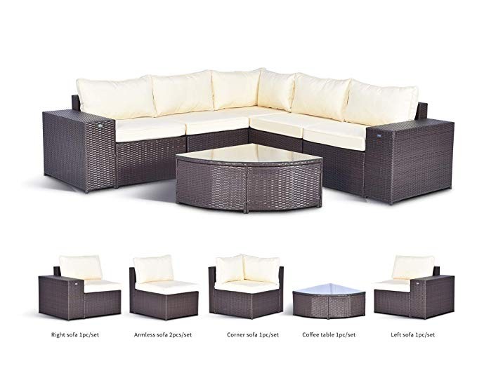Gotland 6-Piece Outdoor Furniture Sectional Sofa & Glass Coffee Table(Dark Brown),with Washable C... | Amazon (US)