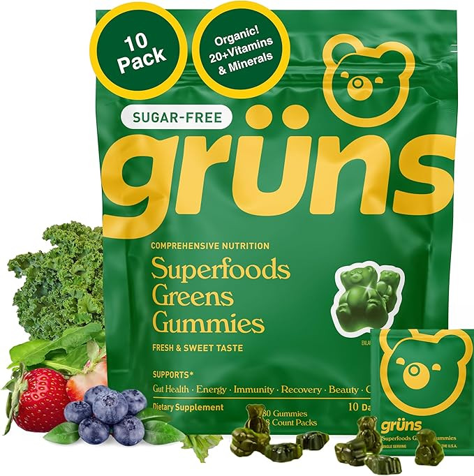 Gruns Sugar-Free Super Greens Gummies, Multivitamin Superfood Gummy Bears, Spirulina, Chlorella, ... | Amazon (US)